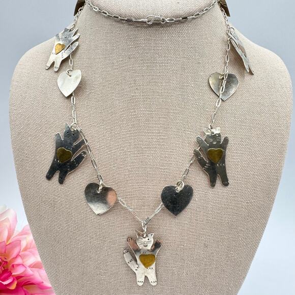Vintage Silver Tone Cats Hearts Charm Necklace Brass Hearts Lightweight Artisan - Picture 2 of 15